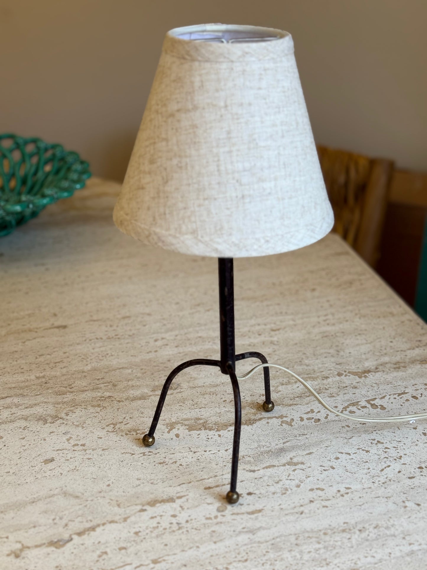 Vintage French Iron & Brass Small Table Lamp with Natural Shade