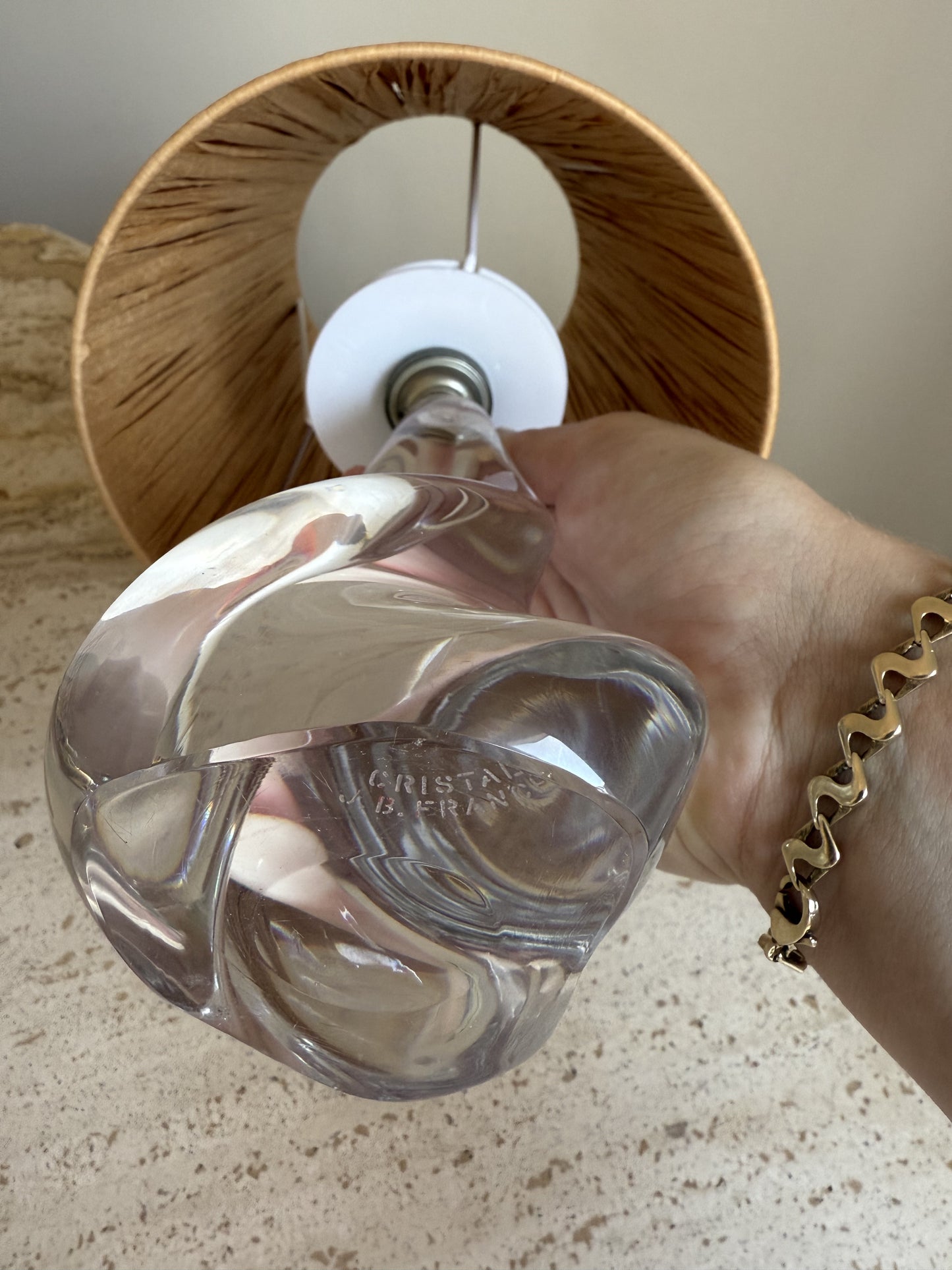 French 1960's Crystal Lamp with Raffia Shade