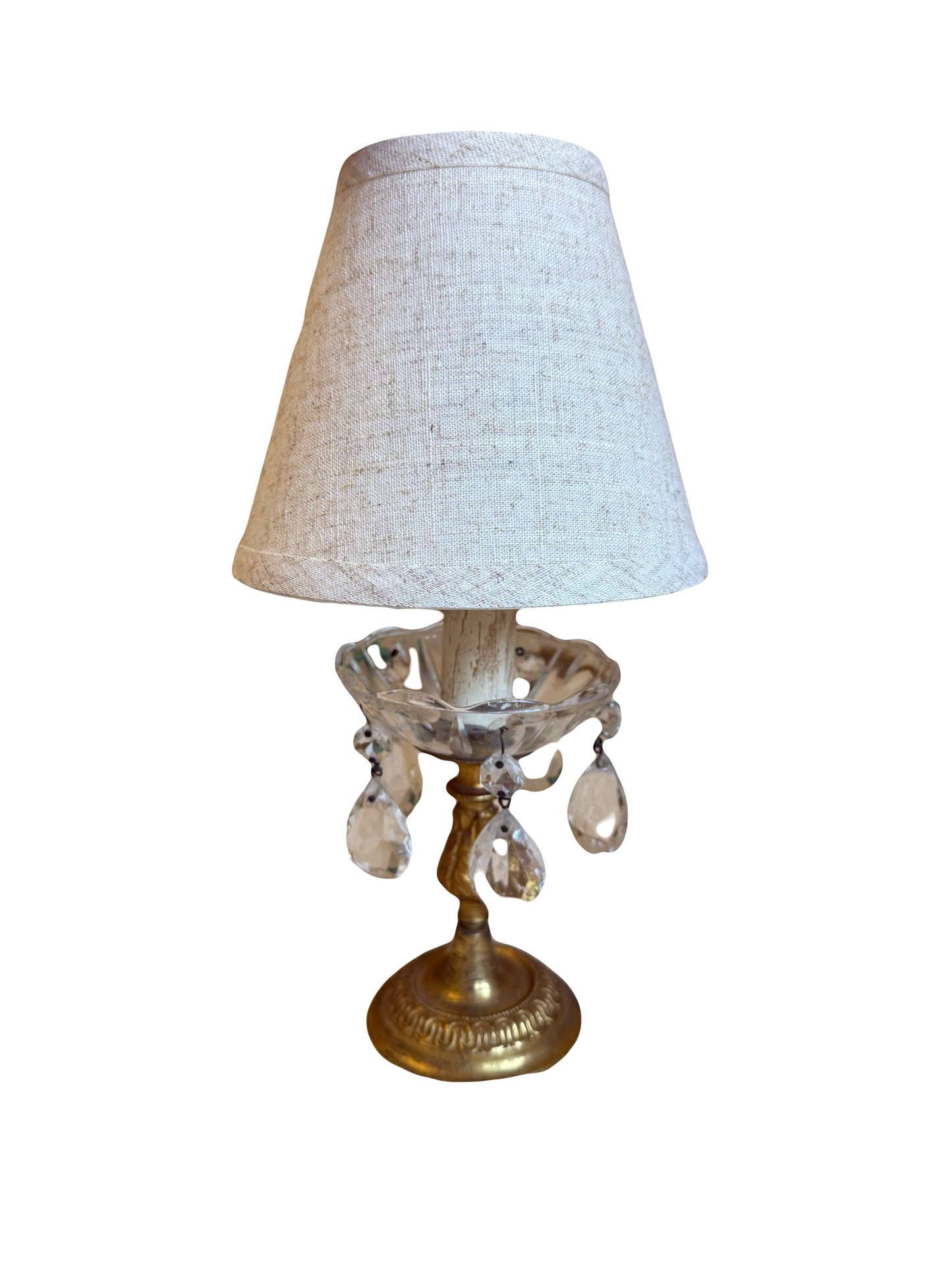 Small Vintage Crystal Chandelier Table Lamp with Linen Shade