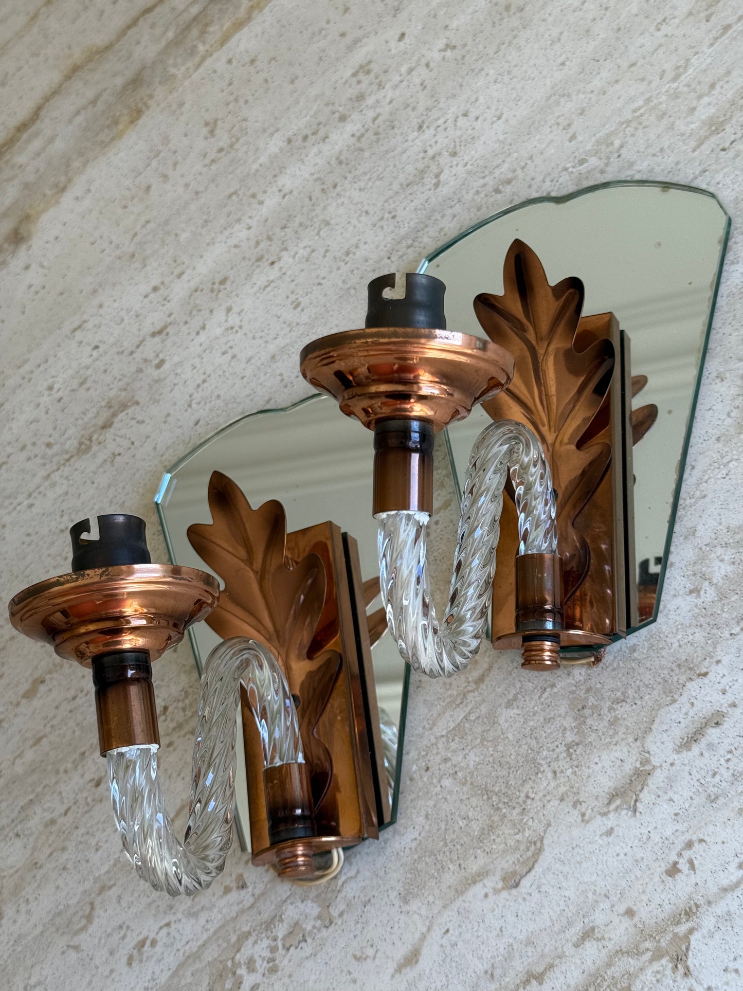 French Murano and Copper Mirror Sconces 1940's (pair available)