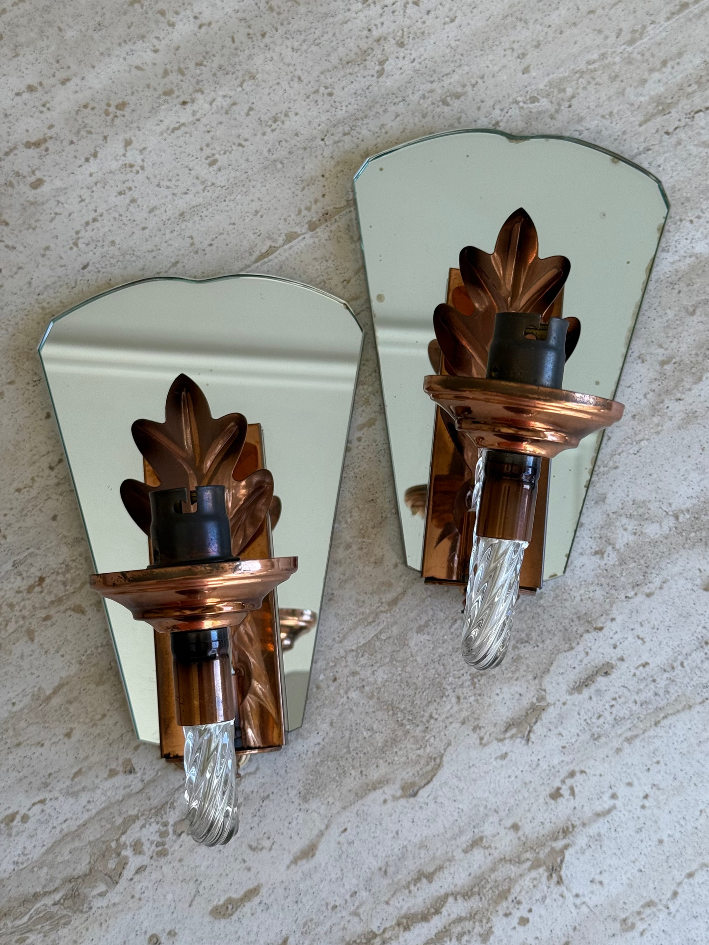 Italian French Antique Sconces with copper, mirror and crystal detail