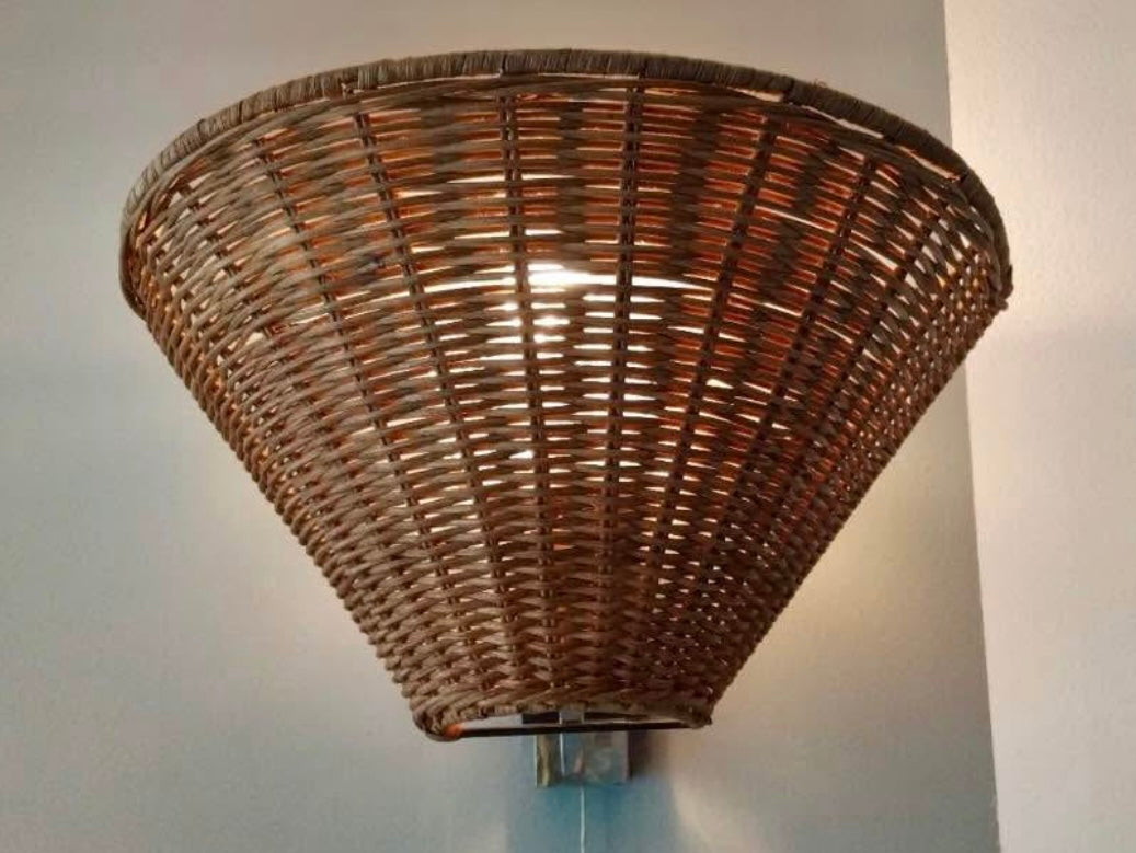 Lit up Rattan Wall light from France made of woven rattan bamboo