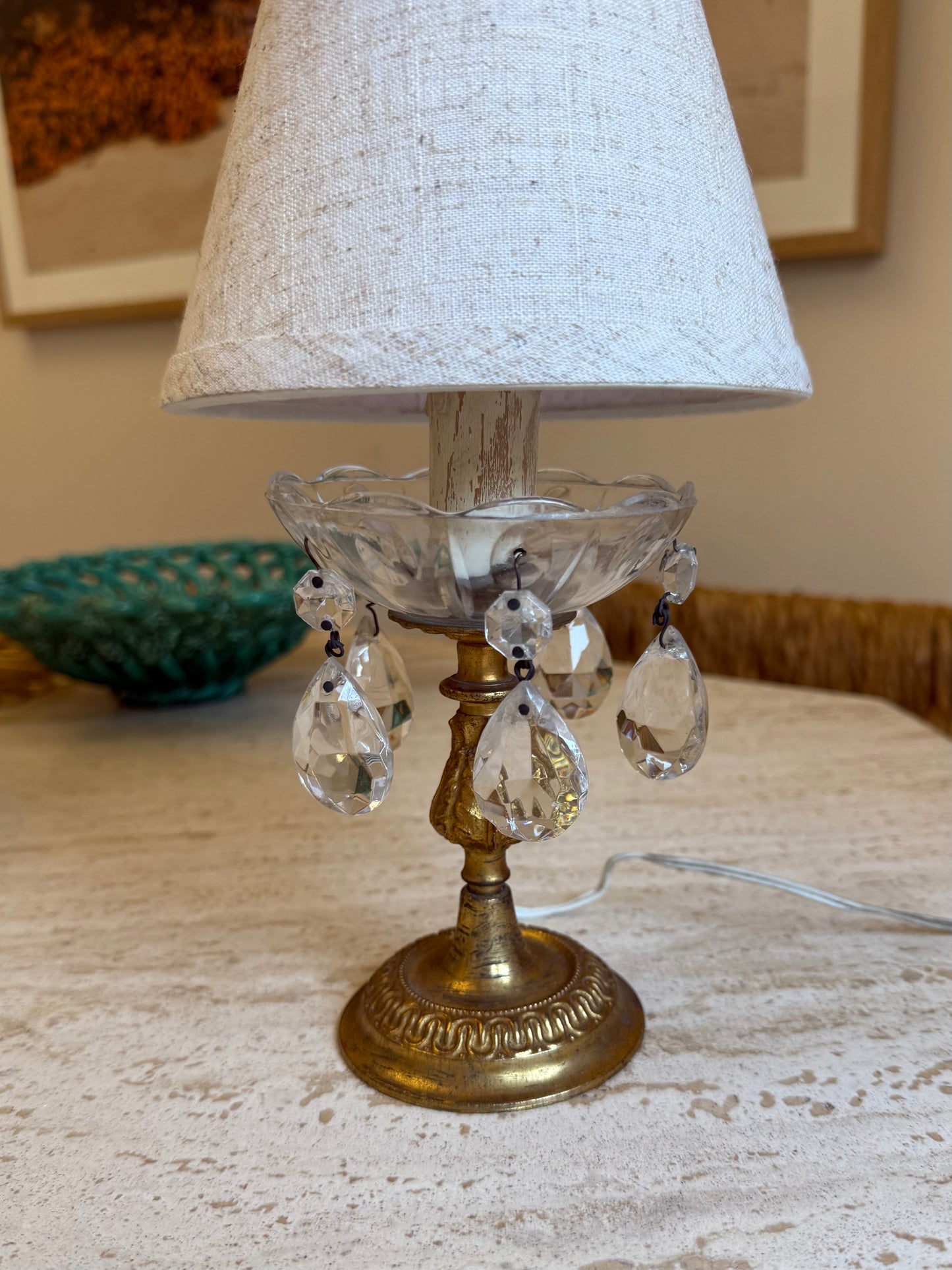 Small French Vintage Crystal Chandelier Table Lamp