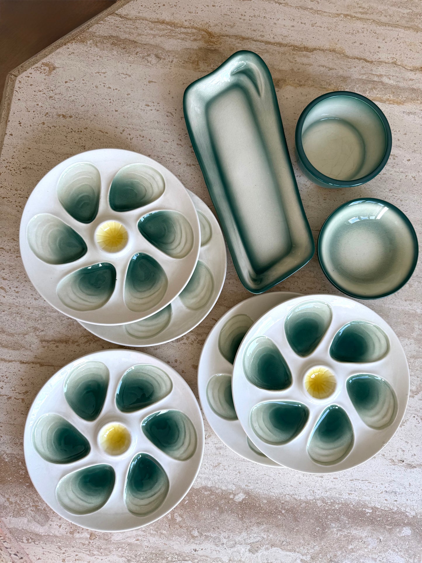 Antique French Oyster Plate set green yellow white vallauris style