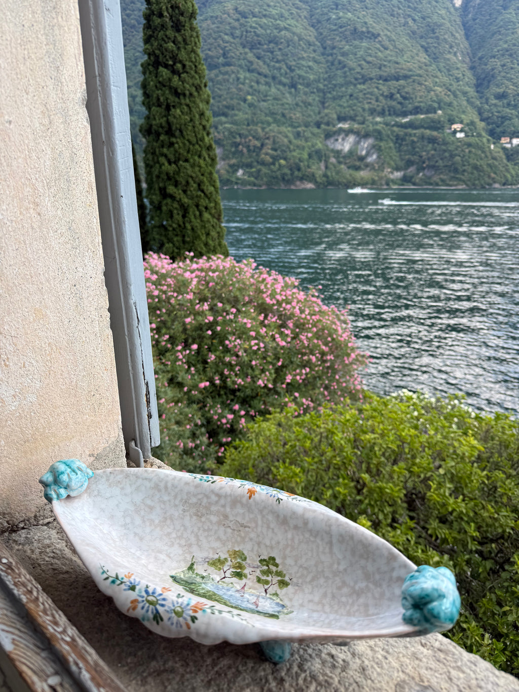 dish in front of lake como
