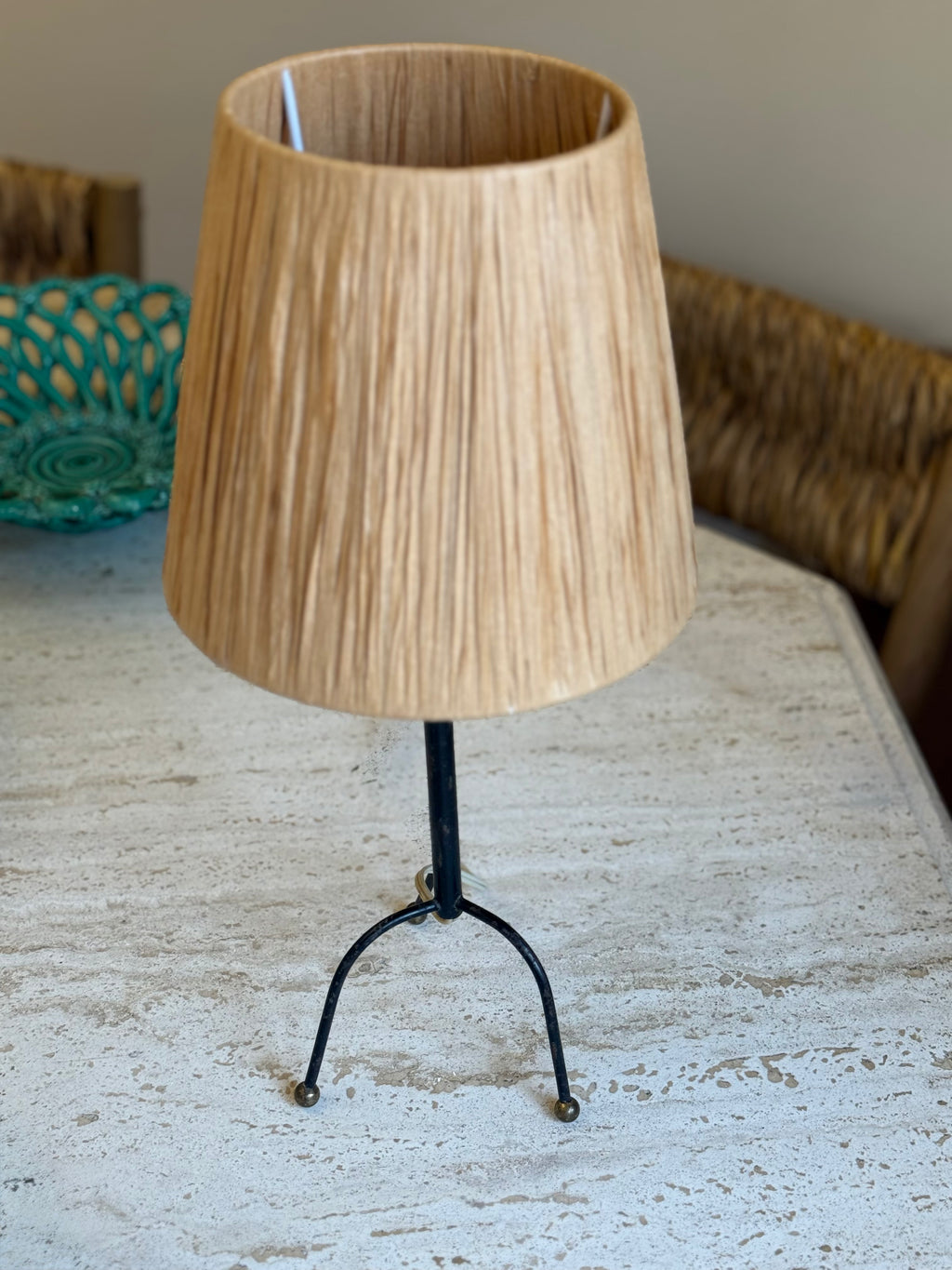 1930's French Iron and Brass Tripod Lamp Base with Rattan Woven Shade