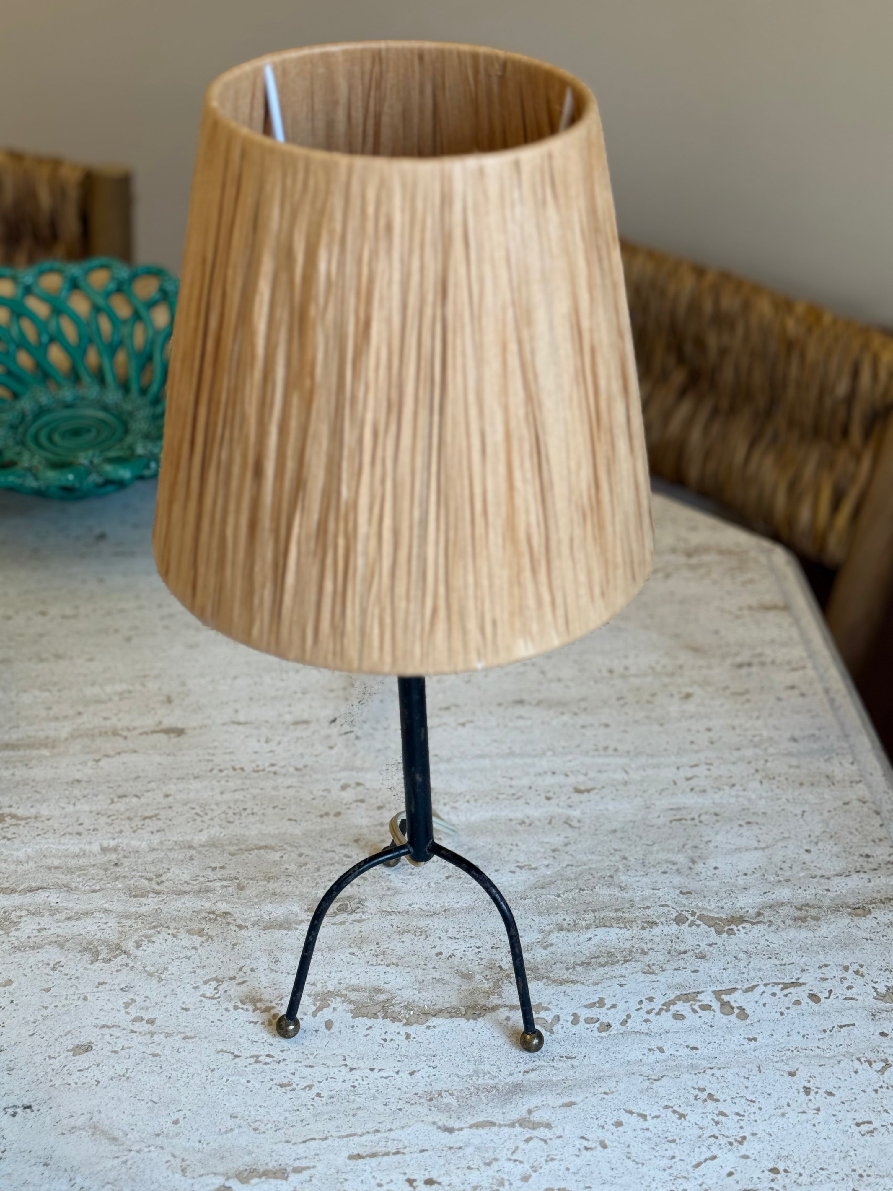 1930's French Iron and Brass Tripod Lamp Base with Rattan Woven Shade