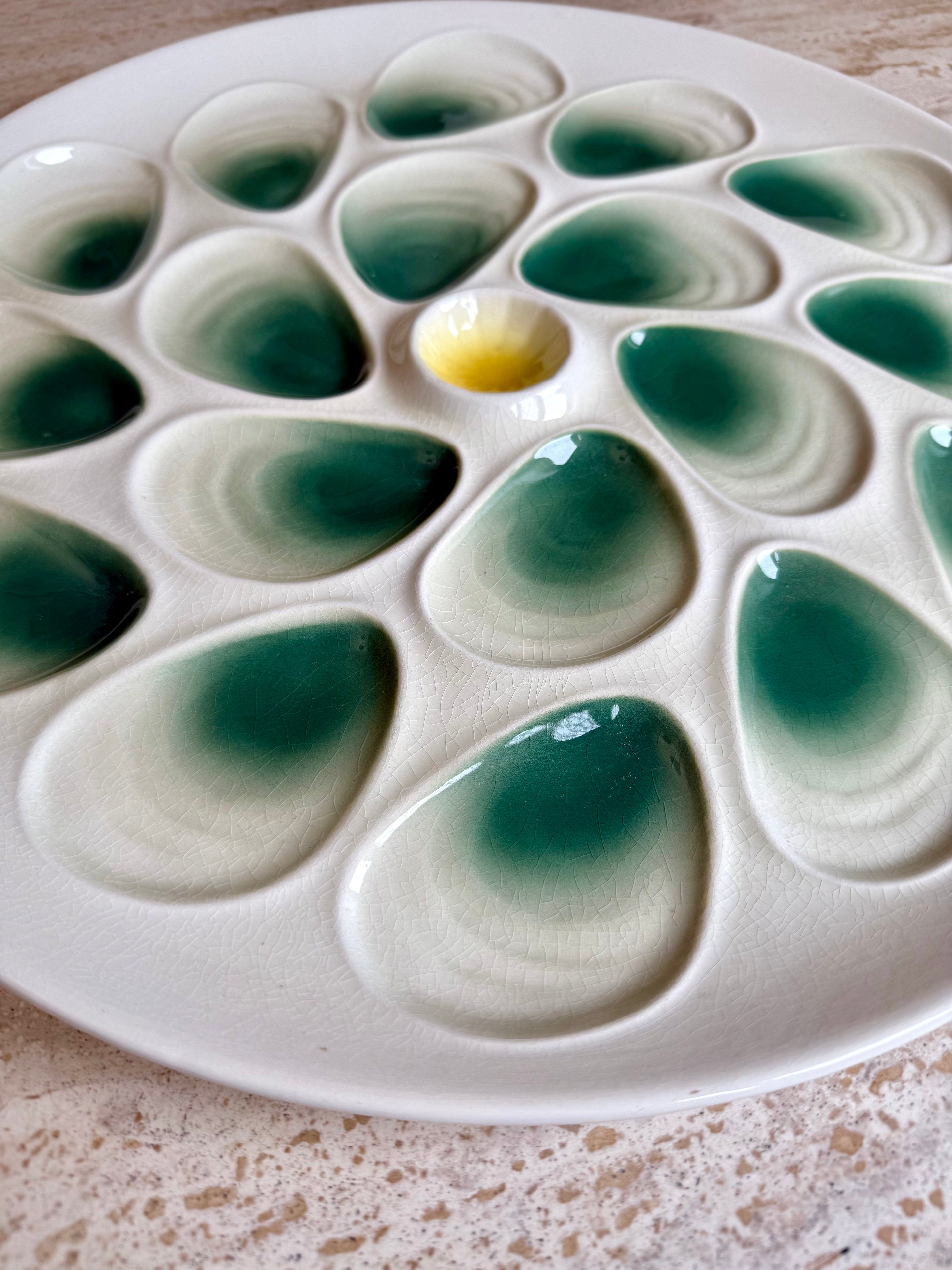 White and Green oyster plate 18 person vintage 