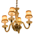 A vintage-style five-light chandelier with clear ribbed glass arms and matching shades, accented by warm gold-toned metal details and a hanging chain, isolated on a white background.