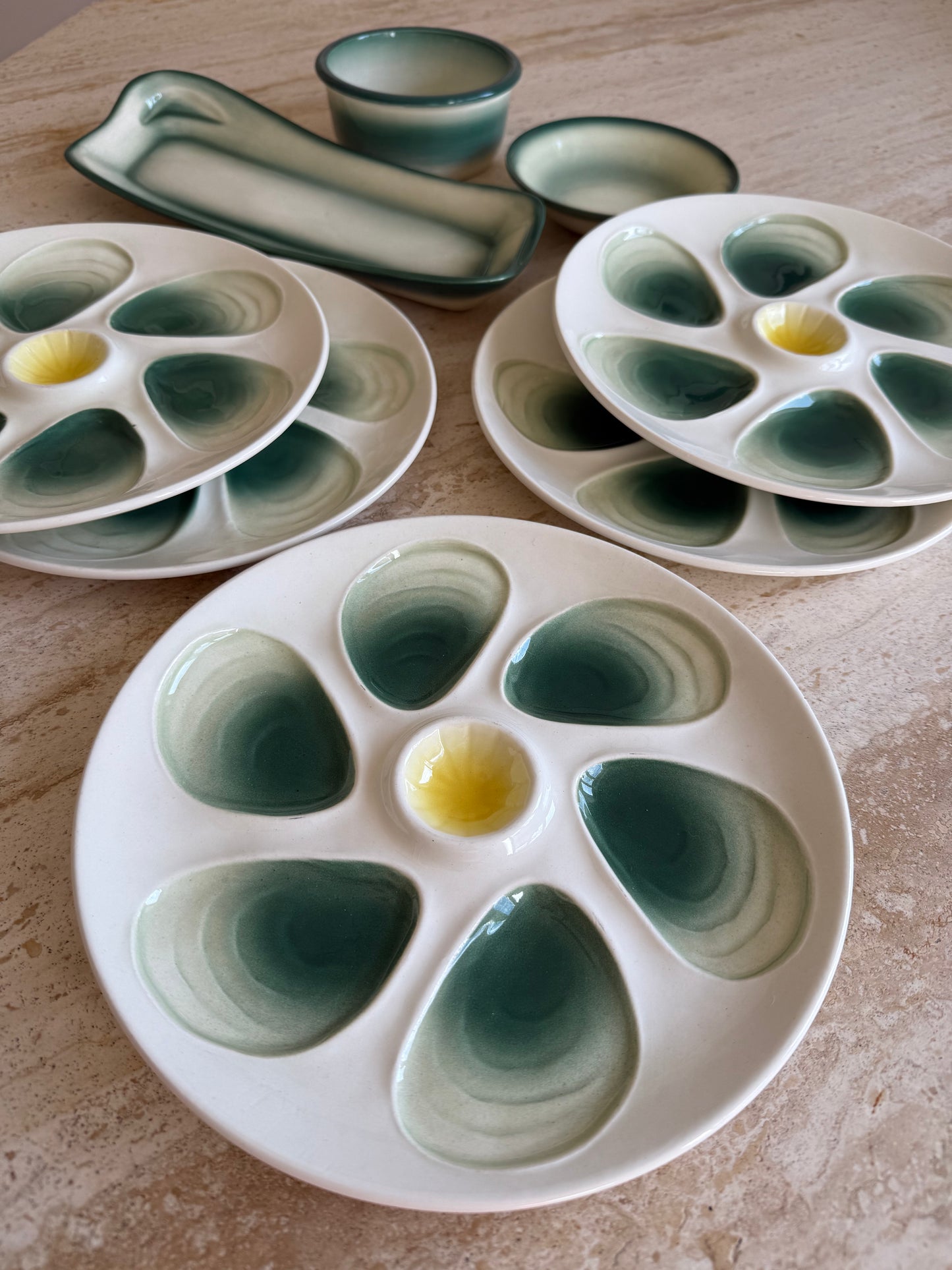 Vintage French White and Green Majolica Oyster Plates and Serving Set