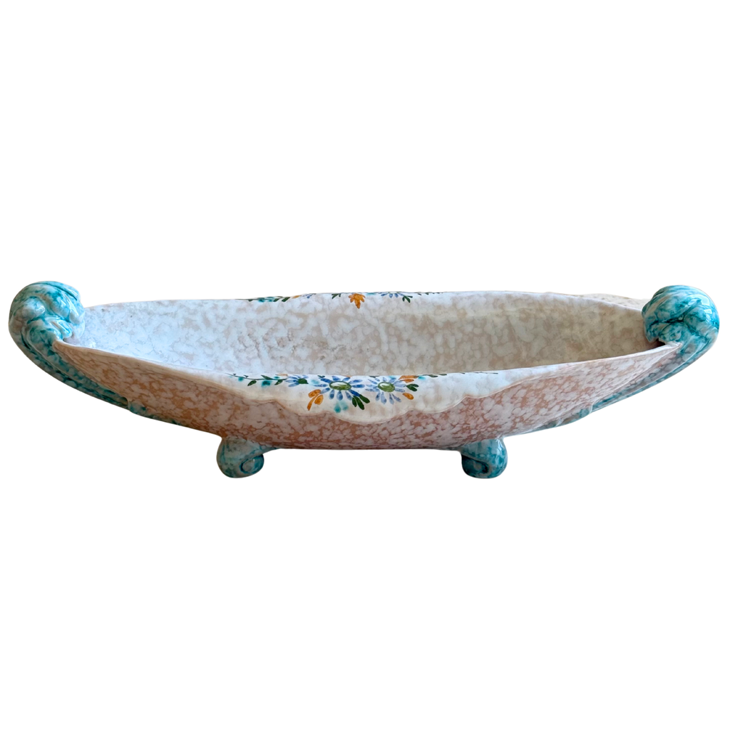 Hand painted italian oval dish with turquoise handles and feet, delicate flower design 