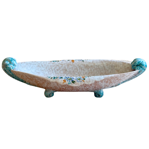 Hand painted italian oval dish with turquoise handles and feet, delicate flower design 