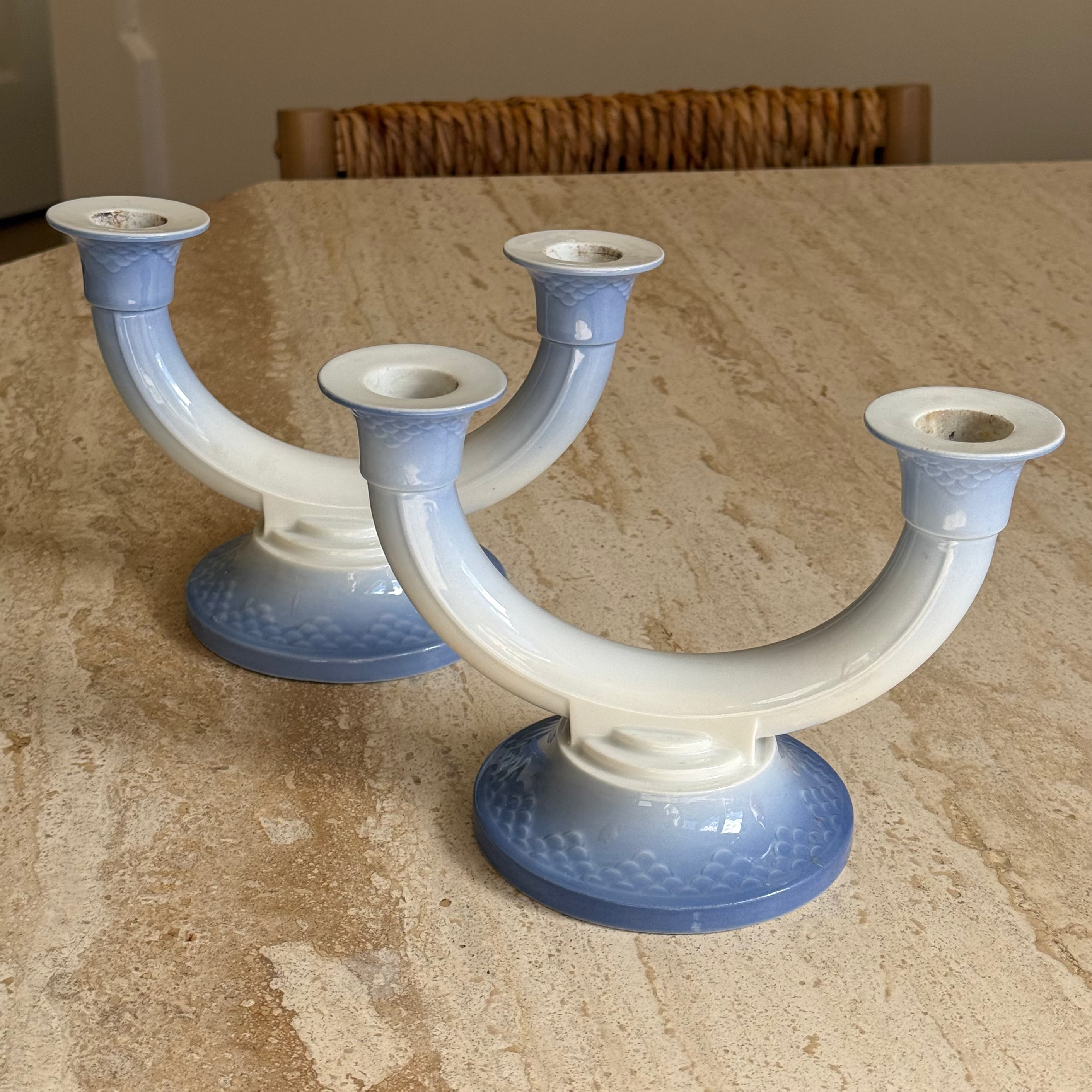 royal copenhagen pair vintage double arm candle holders blue white