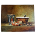 Still life painting with a bowl, apples, and a glass on a wooden surface.