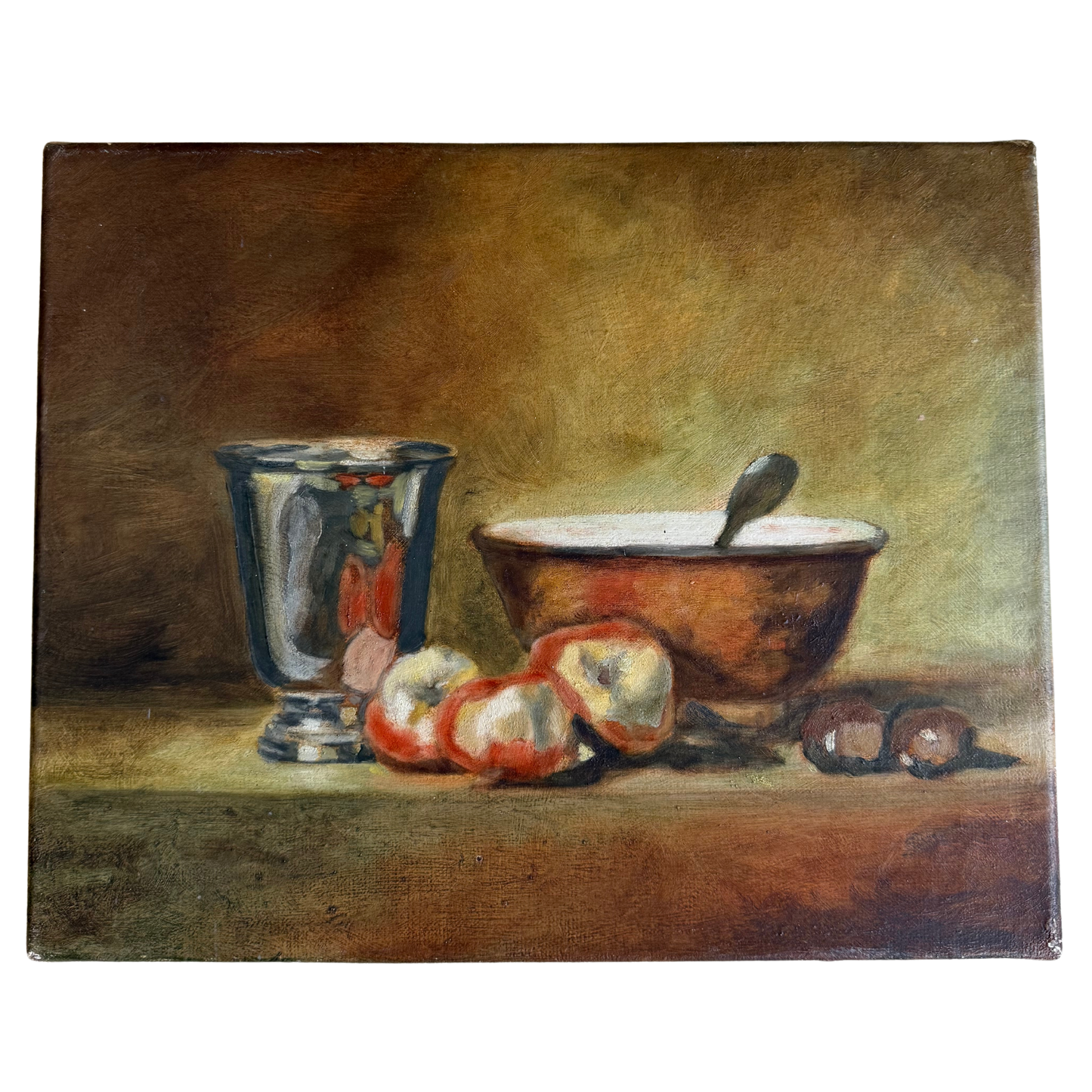 Still life painting with a bowl, apples, and a glass on a wooden surface.