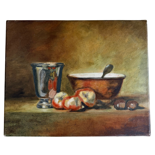 Still life painting with a bowl, apples, and a glass on a wooden surface.