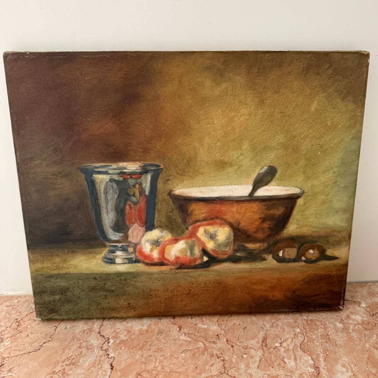 Still life painting with a glass, bowl, and fruits on a textured surface.