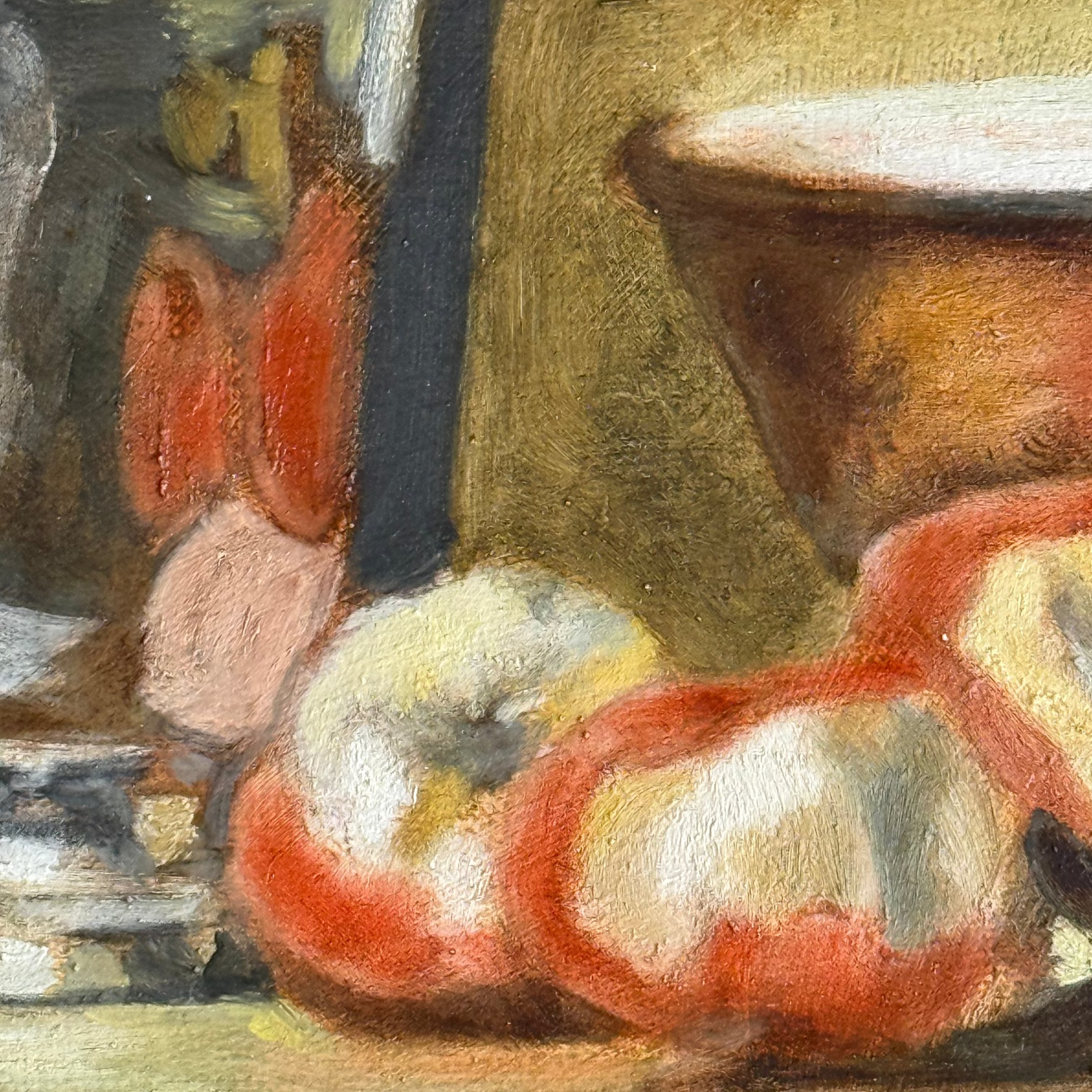 Close-up of a still life painting with fruits and a glass.