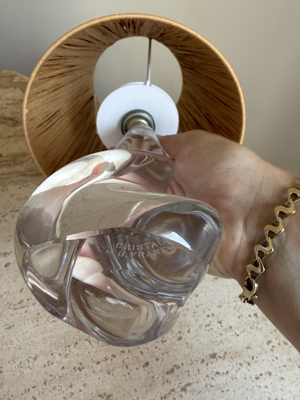 French 1960's Crystal Lamp with Raffia Shade