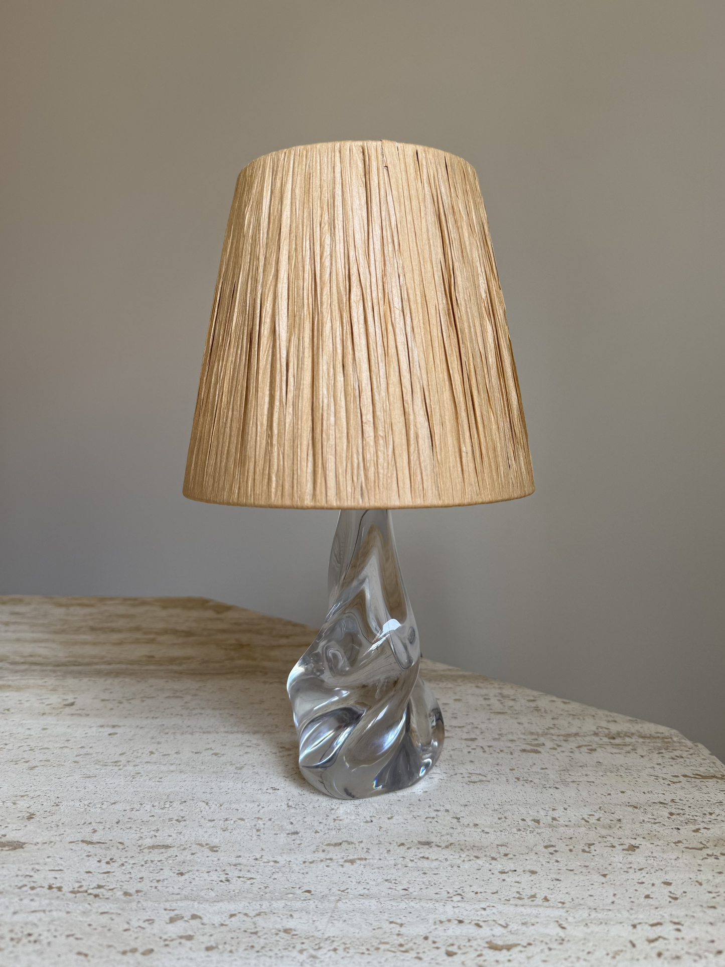 French 1960's Crystal Lamp with Raffia Shade