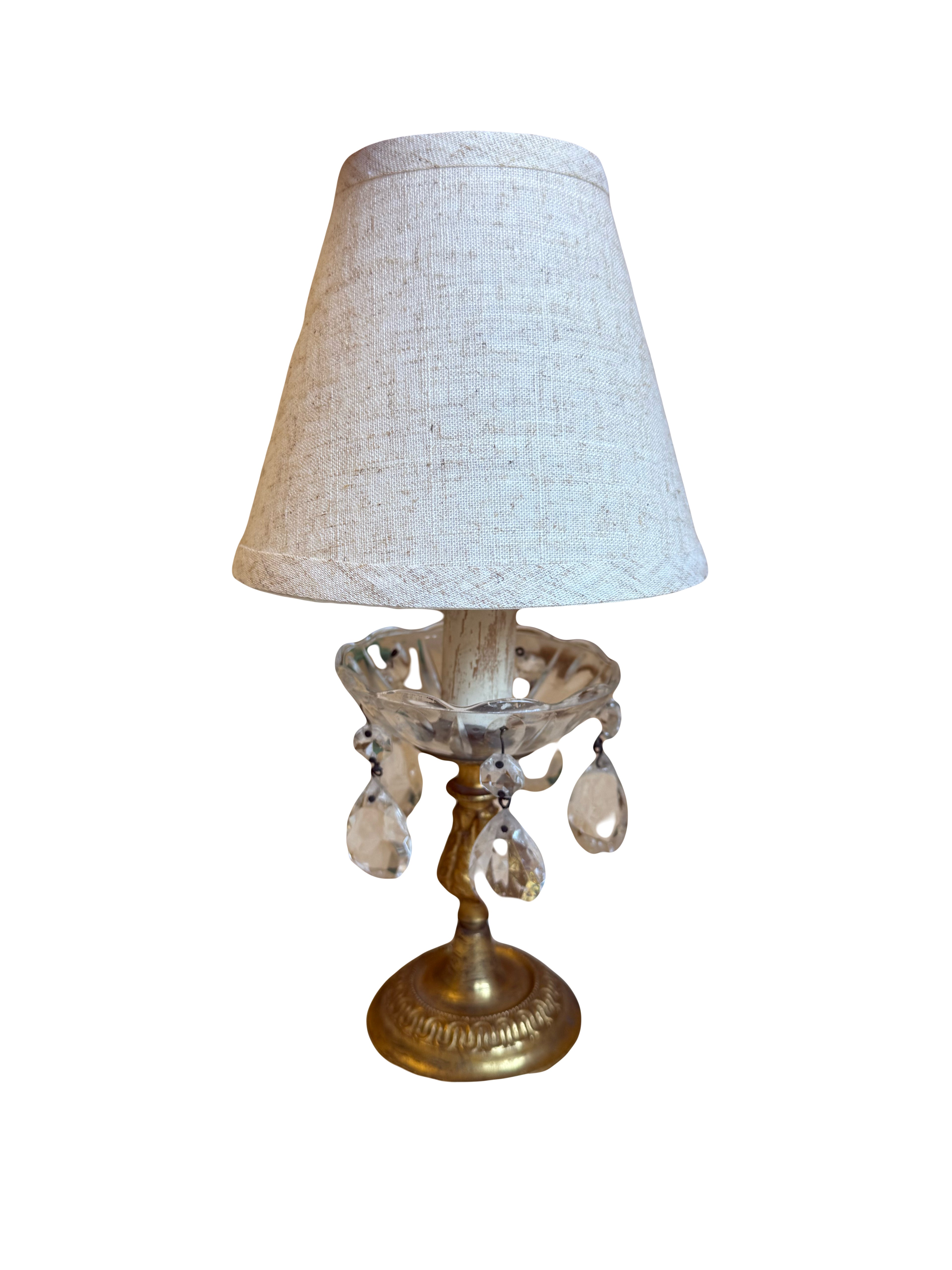 Small Vintage Crystal Chandelier Table Lamp with Linen Shade