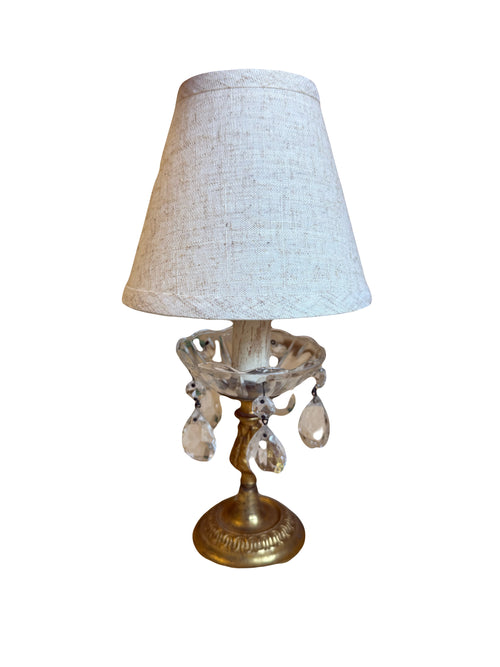 Small Vintage Crystal Chandelier Table Lamp with Linen Shade