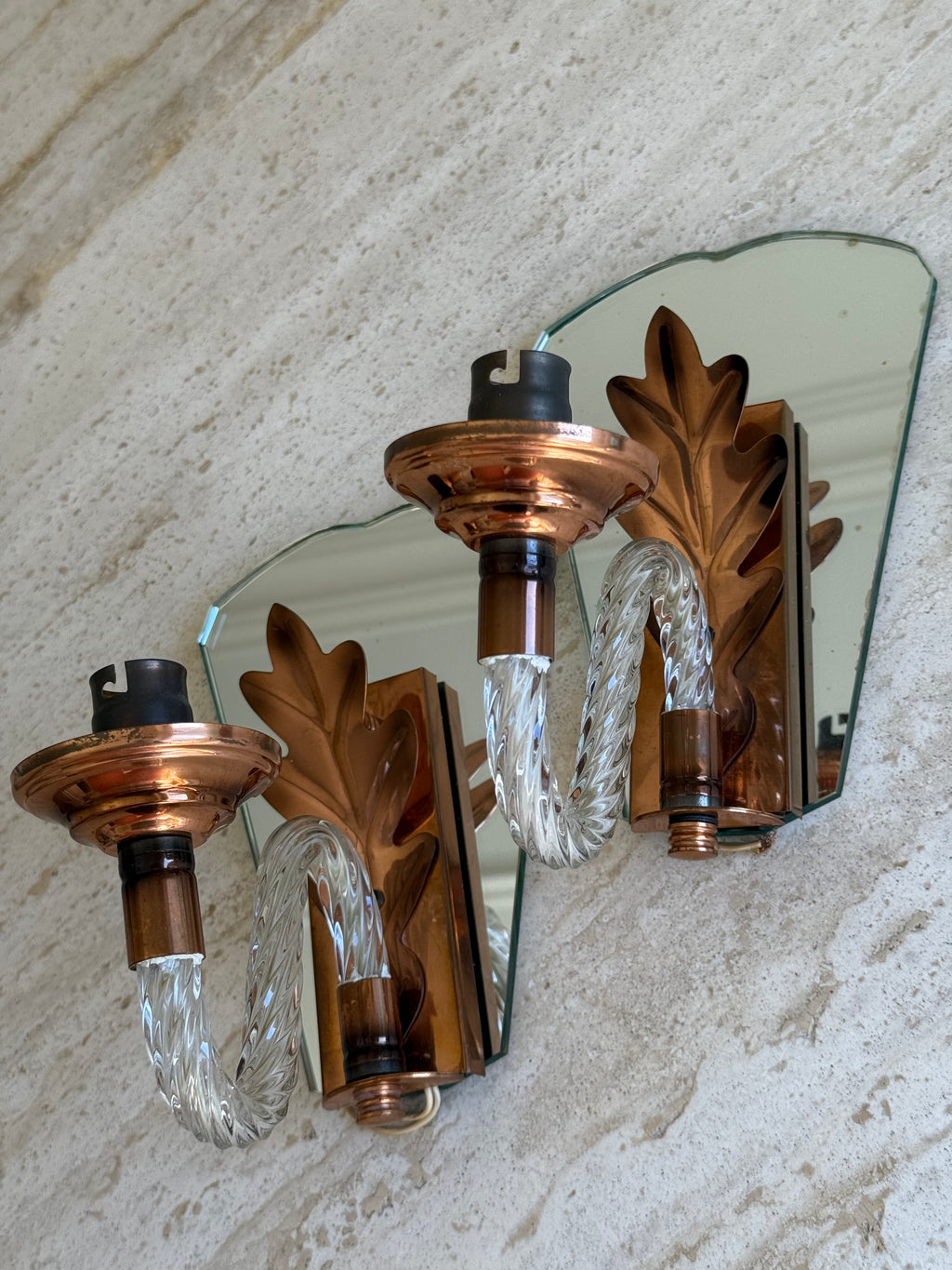 French Murano and Copper Mirror Sconces 1940's (pair available)