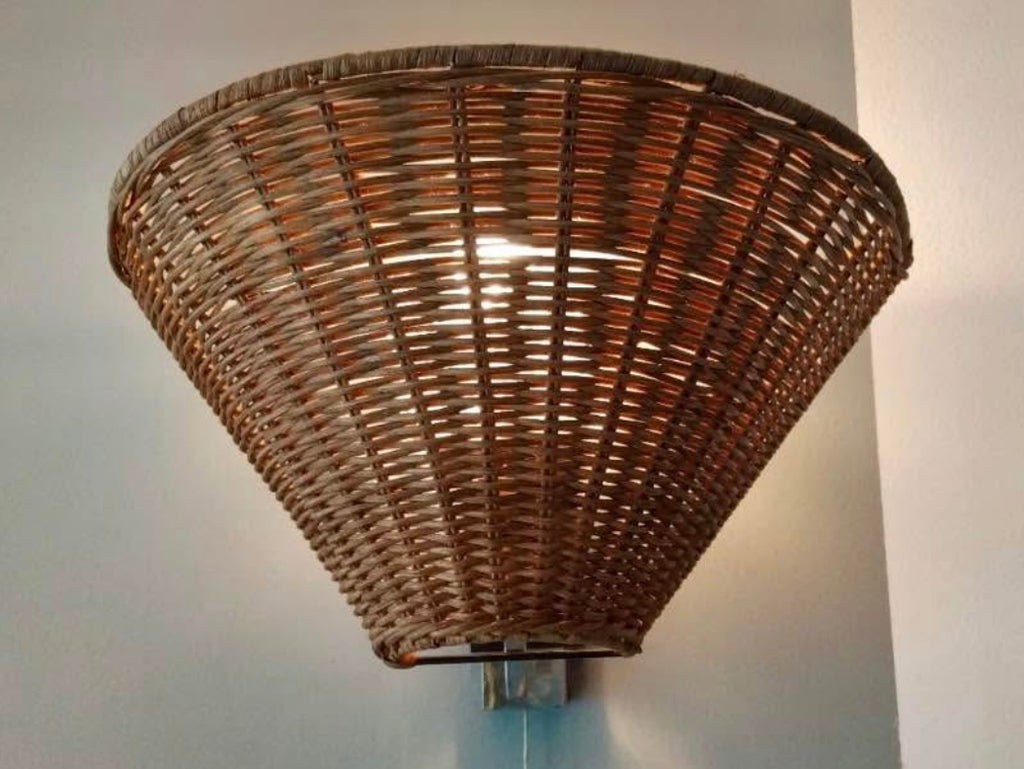 Lit up Rattan Wall light from France made of woven rattan bamboo