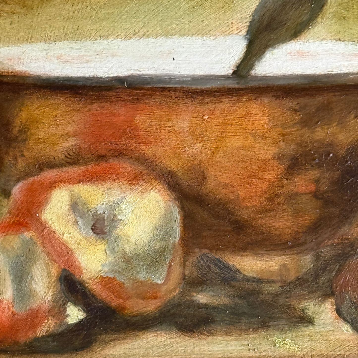 Artistic depiction of a bowl and apple with a spoon on a textured surface