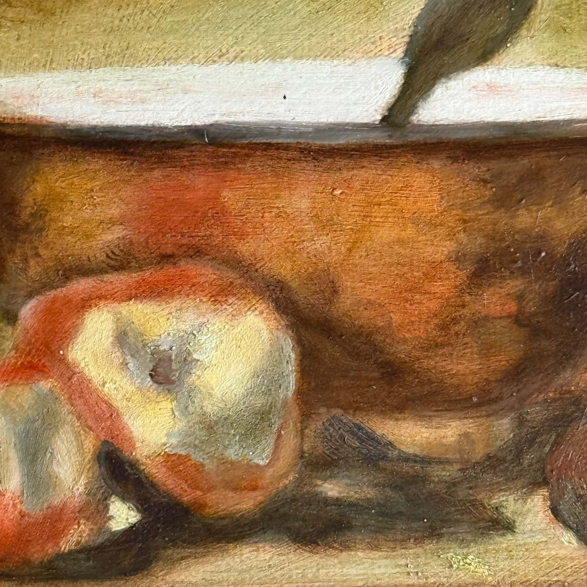 Artistic depiction of a bowl and apple with a spoon on a textured surface