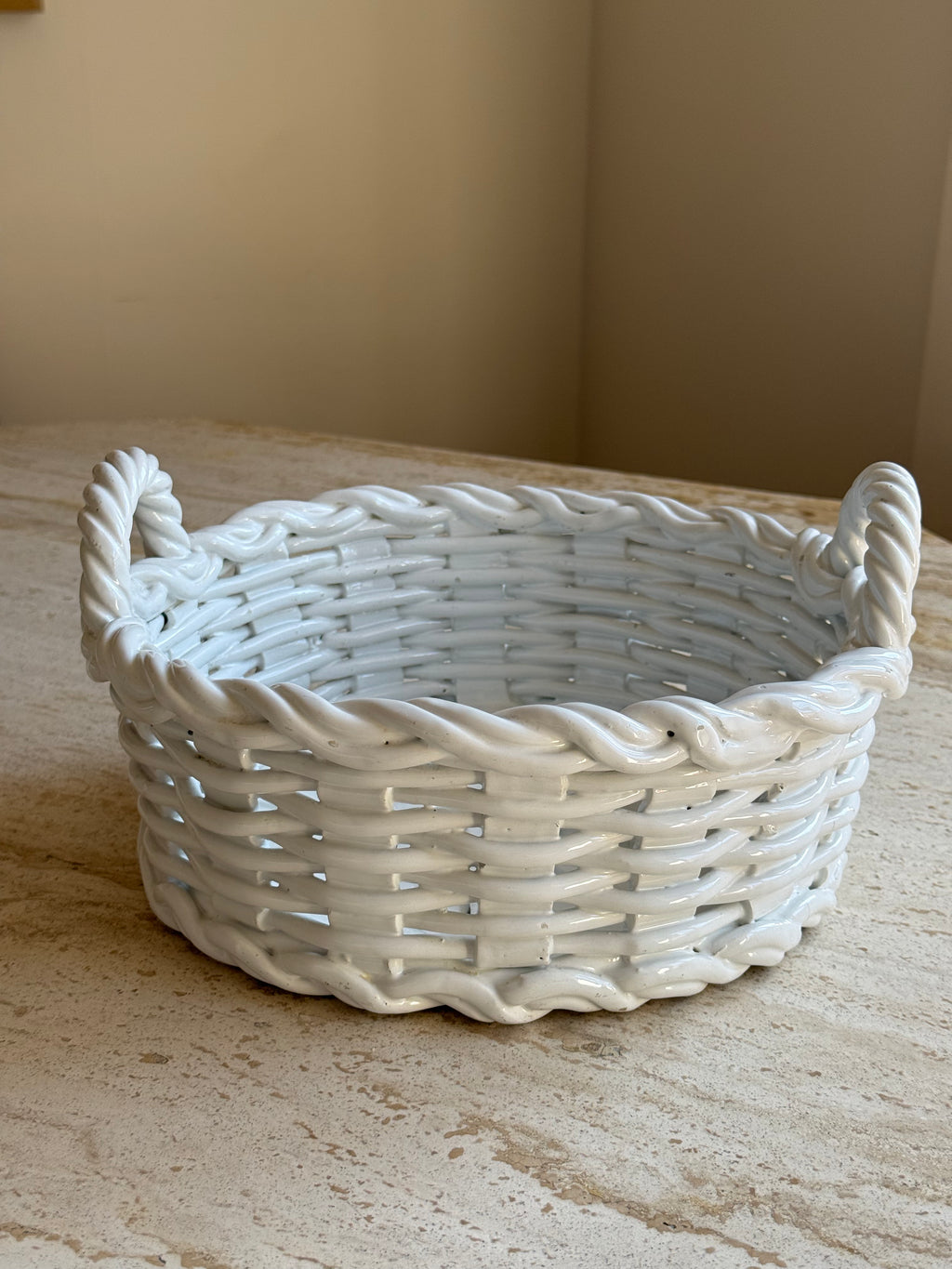 Large Vintage Italian Porcelain Woven Basket