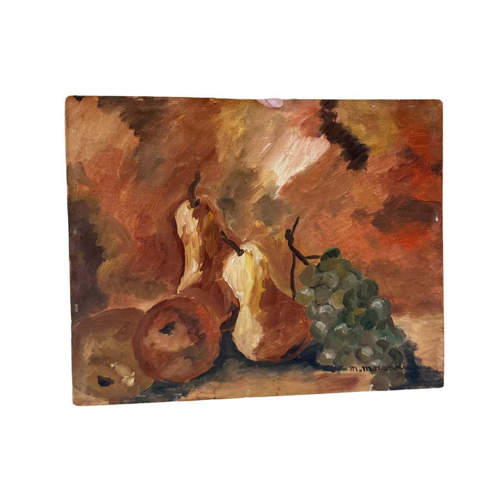 A square canvas painting depicting a still life of pears, apples, and a bunch of green grapes rendered in warm brown, orange, beige, and green tones, shown against a plain white background.