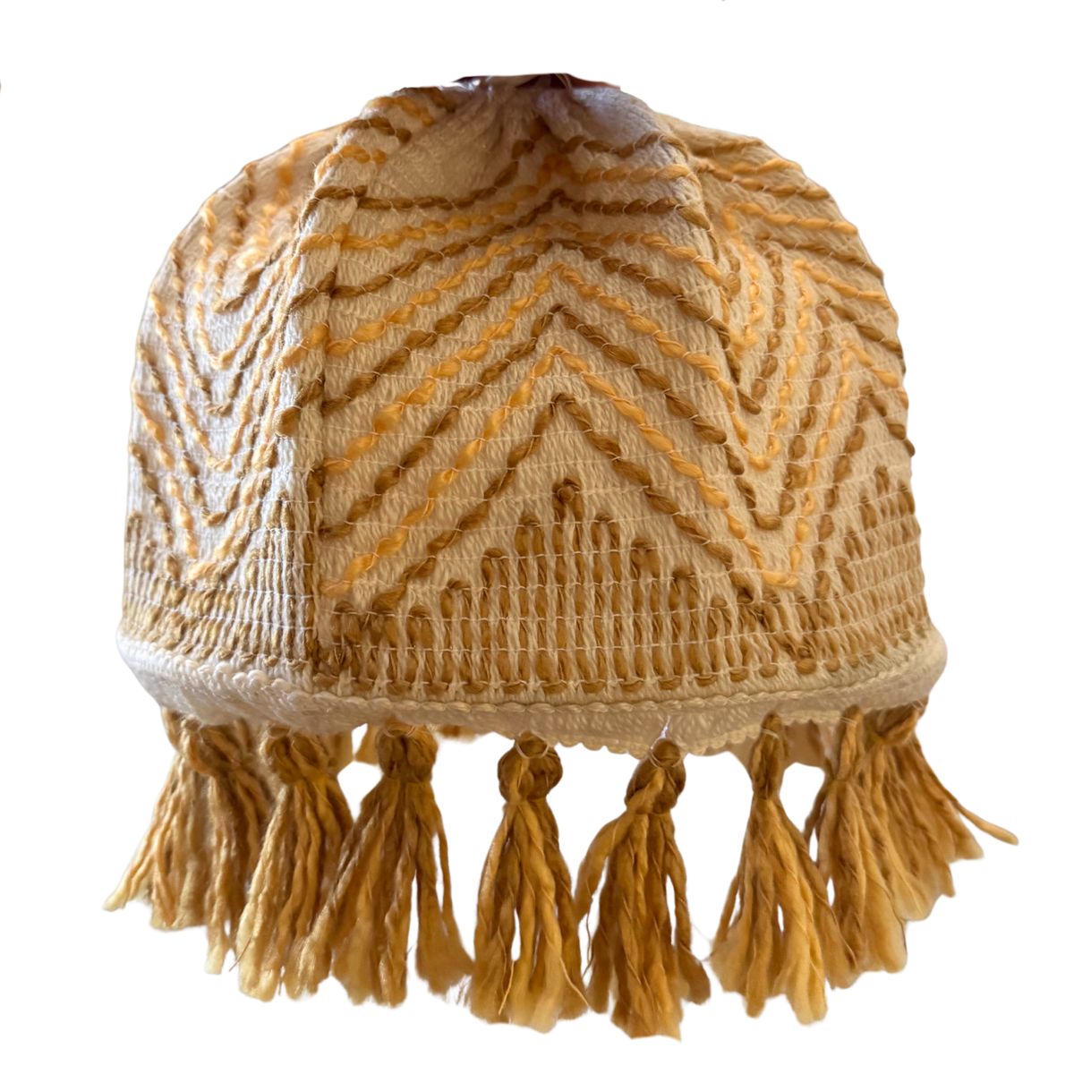 Warm coloured material lampshade with beige and orange fringe tassel around the base. 