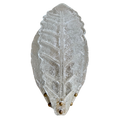 A clear, textured glass wall sconce shaped like a leaf, featuring a central vein pattern and small metallic gold finials at the tip.