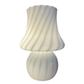 murano glass lamp lit with white spiralling stripes in a unique mushroom shape design 