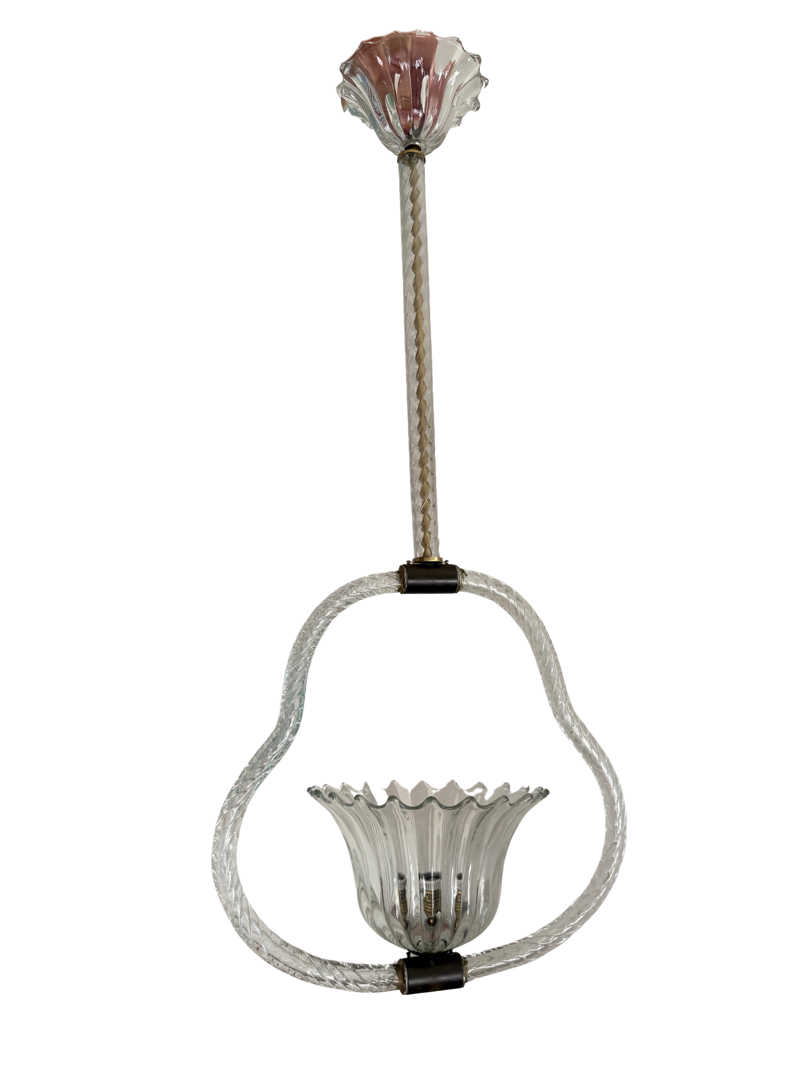A vintage-style glass chandelier with a fluted glass canopy, twisted glass stem, and matching twisted glass support ring holding a fluted glass bowl shade, isolated on a white background.
