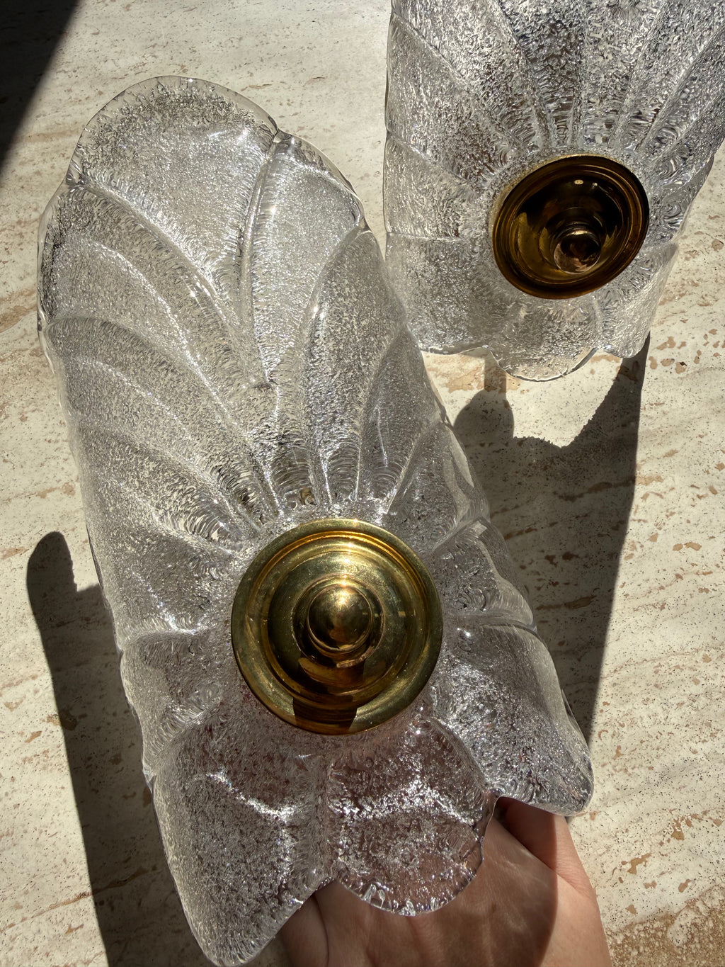 Pair of Murano Leaf Wall lights 1970's brass centre detail