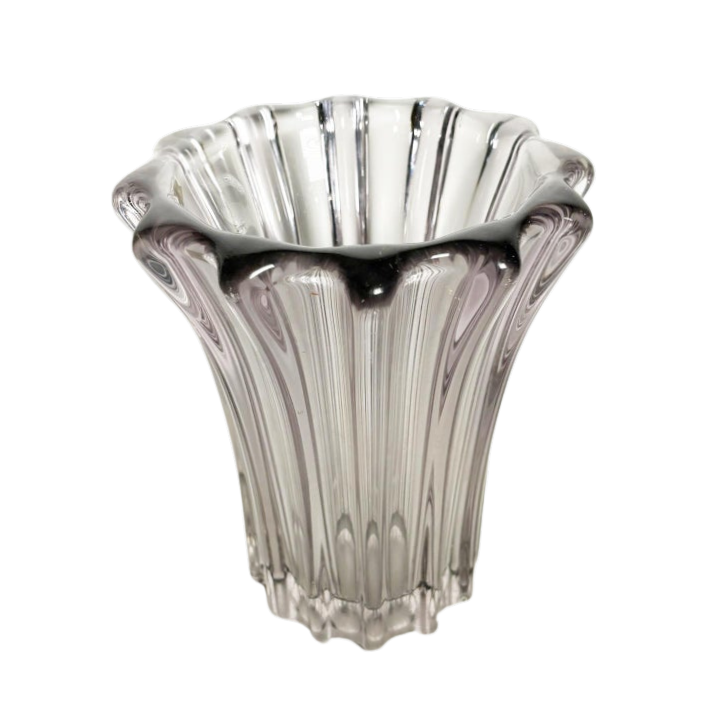 A vintage-style clear glass vase with a fluted, ribbed design and a scalloped rim, shown on a solid white background.