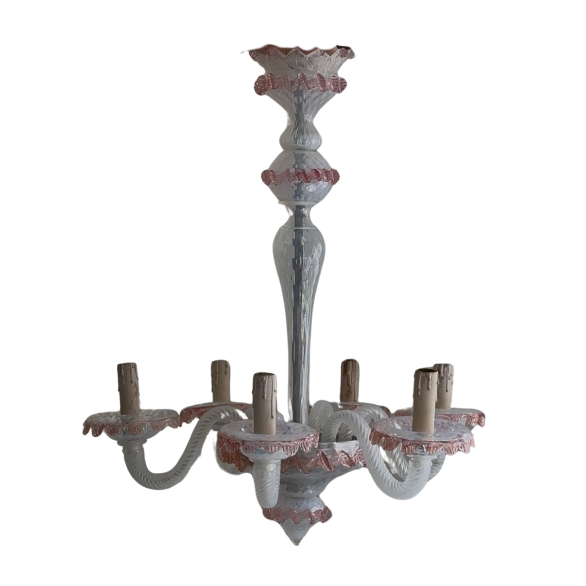 Pink and White Vintage Murano Chandelier Six Arms