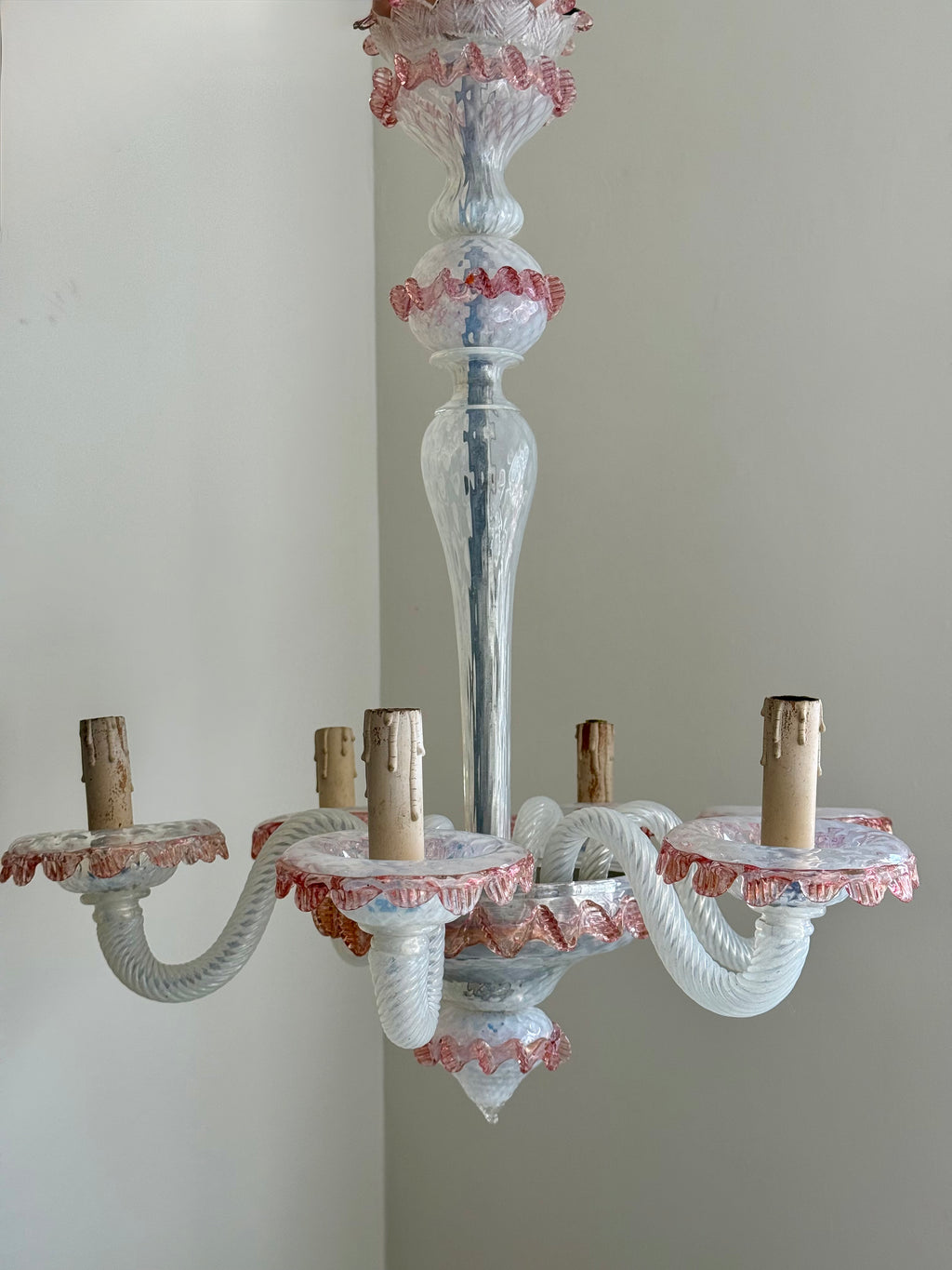 Pink and White Vintage Murano Chandelier Six Arms