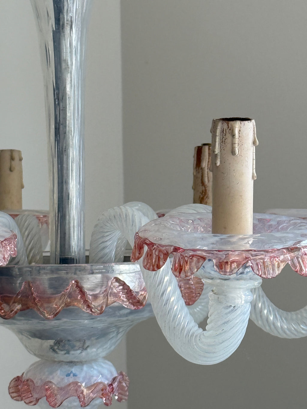 Pink and White Vintage Murano Chandelier Six Arms