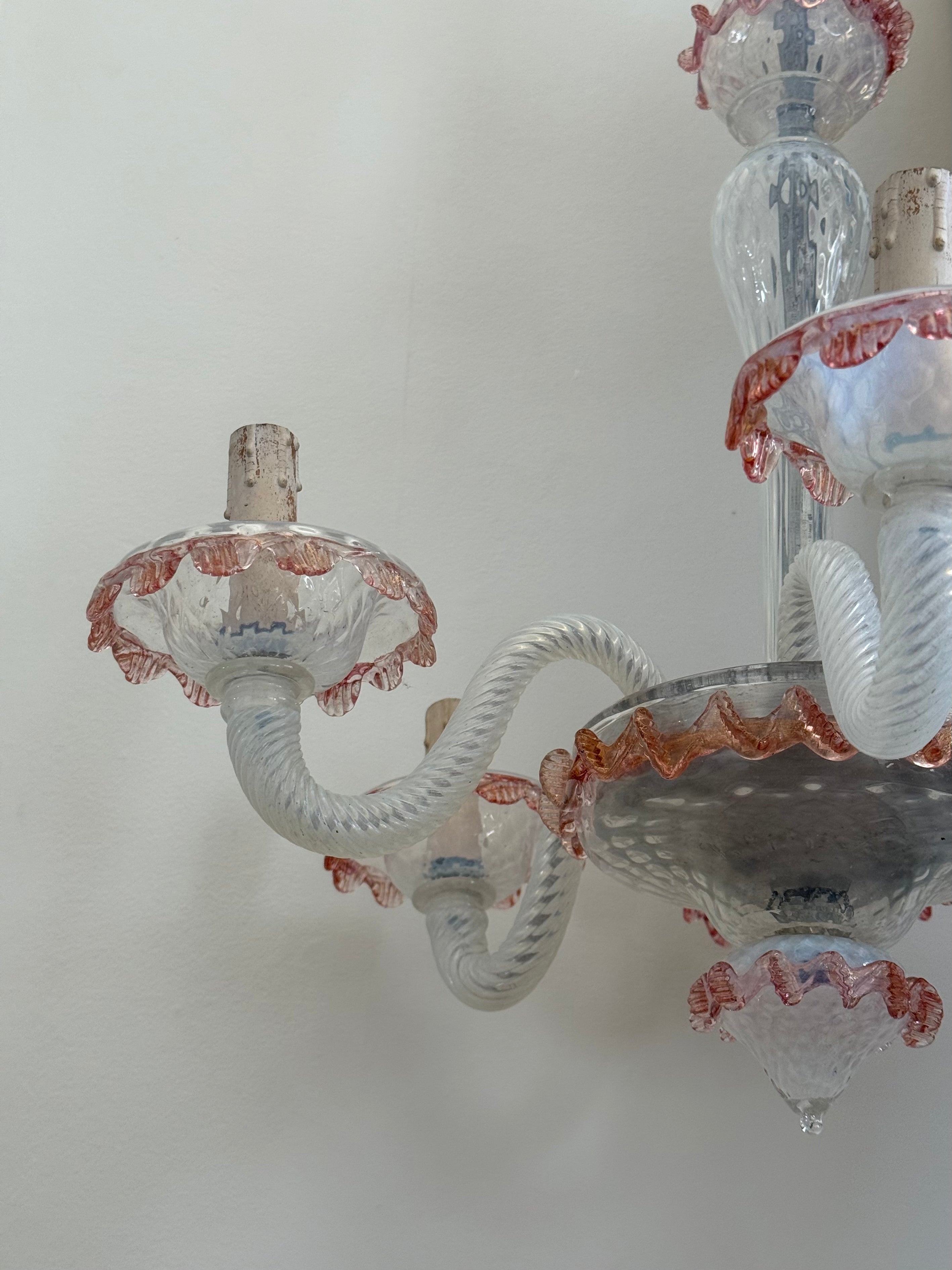 Pink and White Vintage Murano Chandelier Six Arms