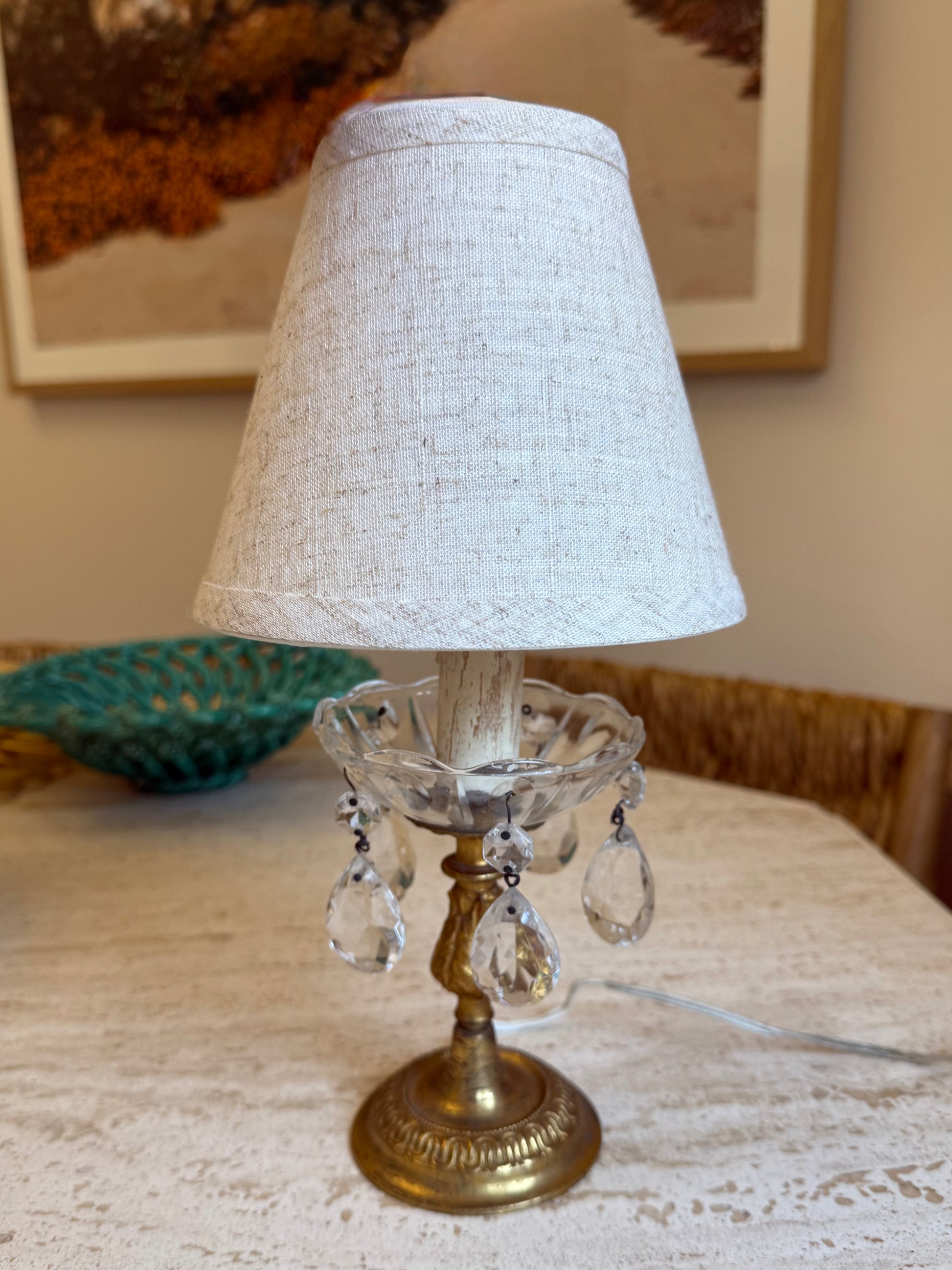 Brass and crystal table lamp with linen shade