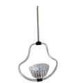 A modern glass pendant light with a sculptural, curved clear glass frame, a fluted glass bowl shade, and a long vertical metal rod for hanging, shown against a plain white background.