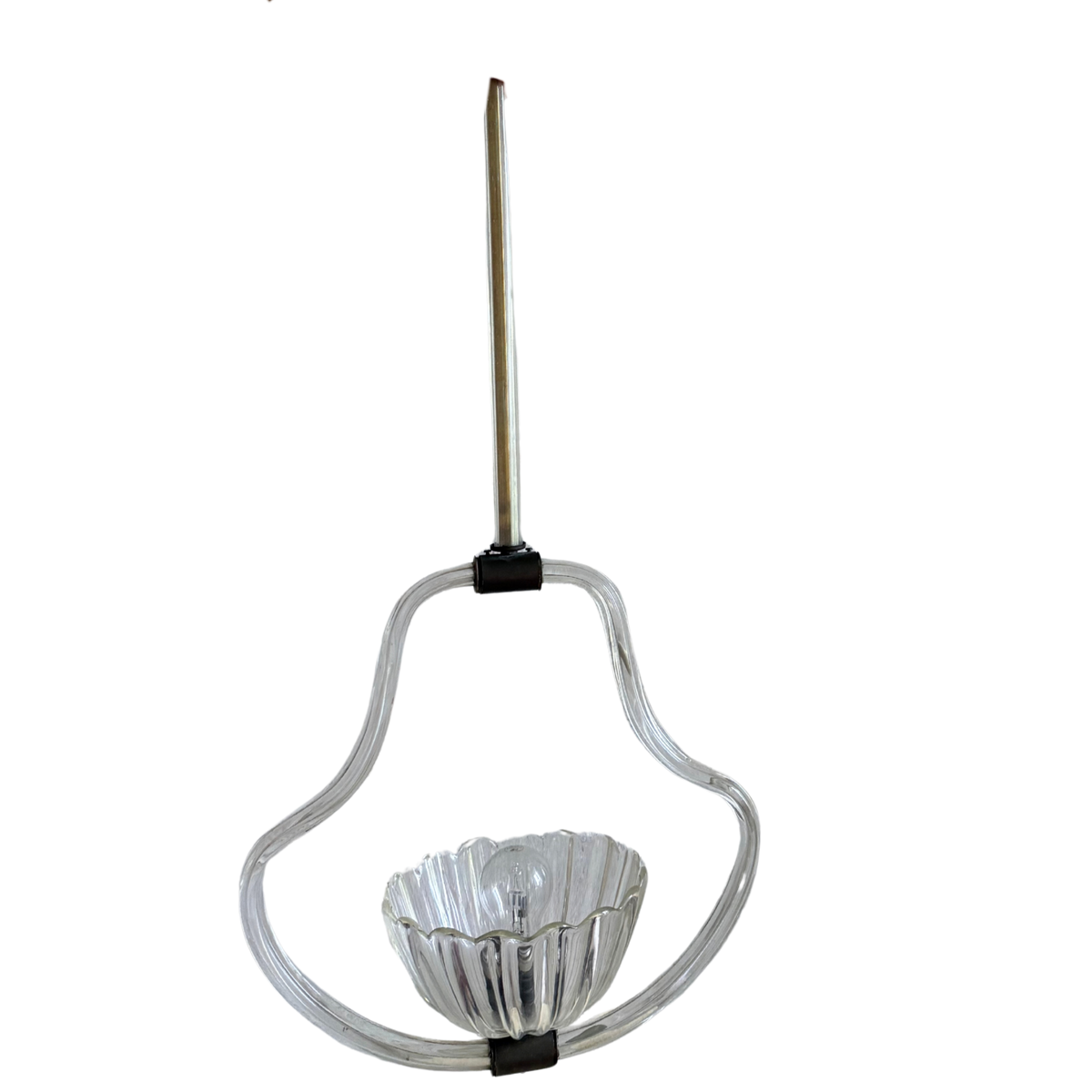 A modern glass pendant light with a sculptural, curved clear glass frame, a fluted glass bowl shade, and a long vertical metal rod for hanging, shown against a plain white background.
