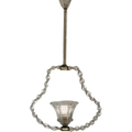 A vintage-style hanging chandelier with a twisted clear glass frame and a fluted clear glass shade, suspended by a textured rod against a plain white background.