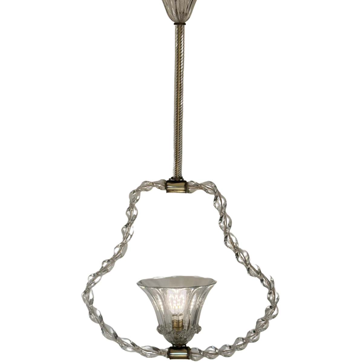 A vintage-style hanging chandelier with a twisted clear glass frame and a fluted clear glass shade, suspended by a textured rod against a plain white background.