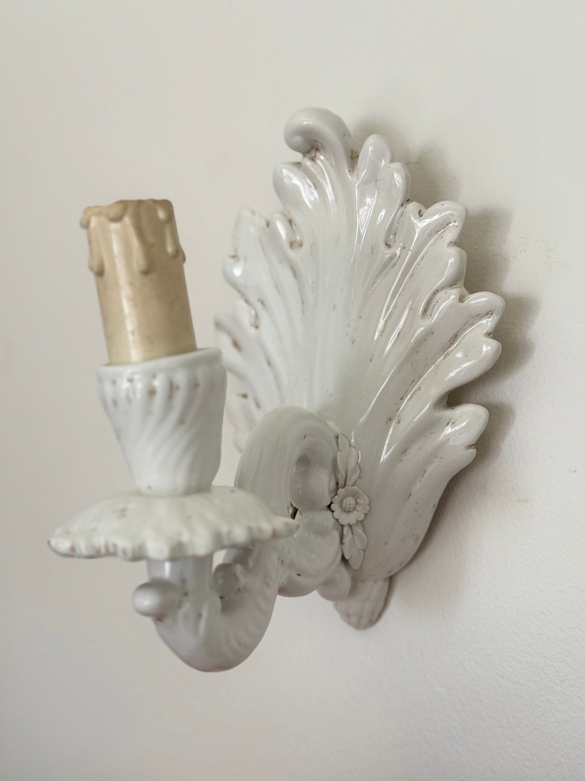 Vintage Italian Ceramic Sconces (Pair Available) Flower details 