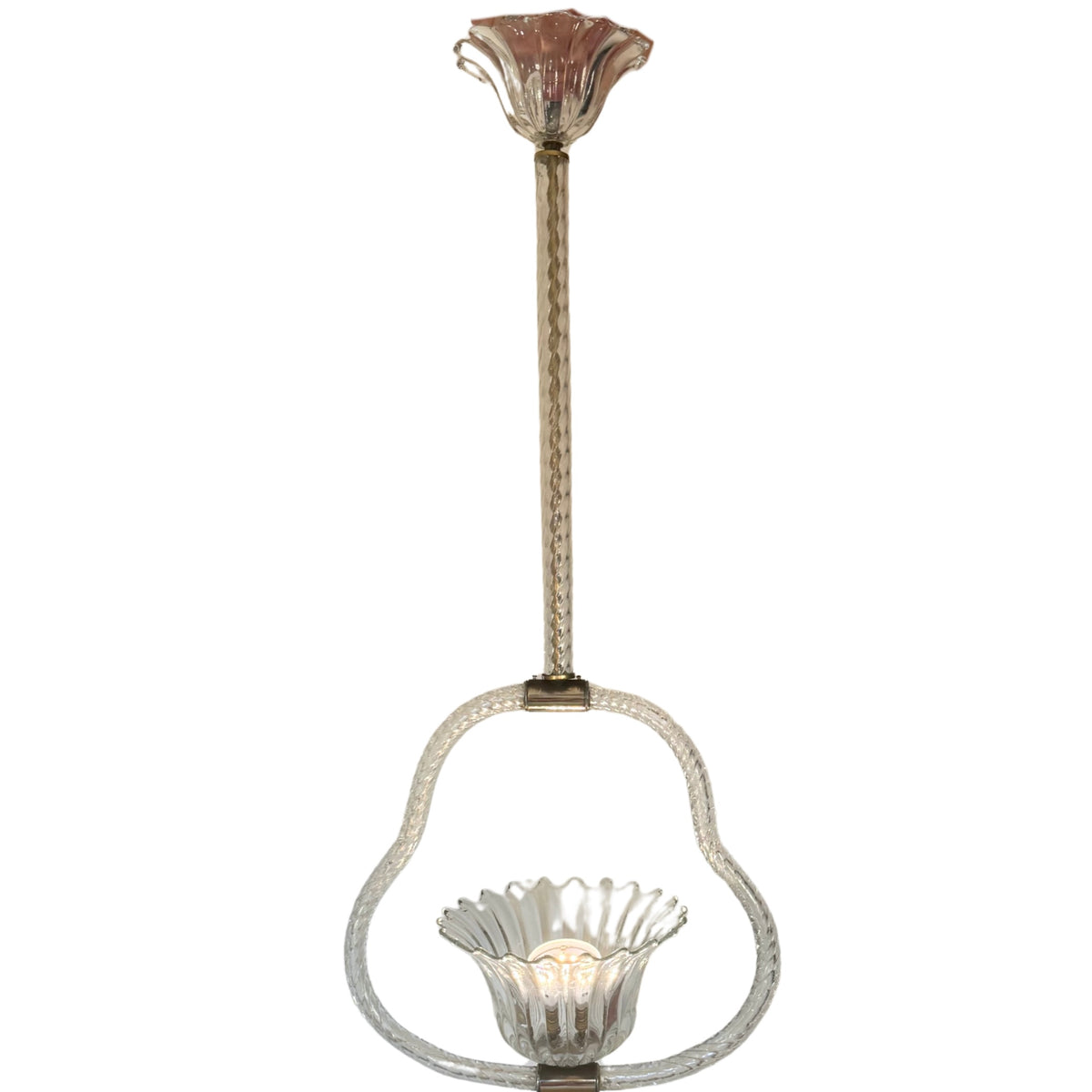 A vintage-style pendant light fixture featuring a textured brass stem, a fluted clear glass shade at the top, and a clear glass loop base holding a small lit candle holder.