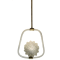 A hanging pendant light fixture with a textured metallic shell-shaped bulb, a white braided rope frame, and brass-toned hardware against a plain white background.